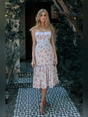 Bellevue The Label Rosetta Floral Midi Dress Drop Waist Size S Coquette Cocktail
